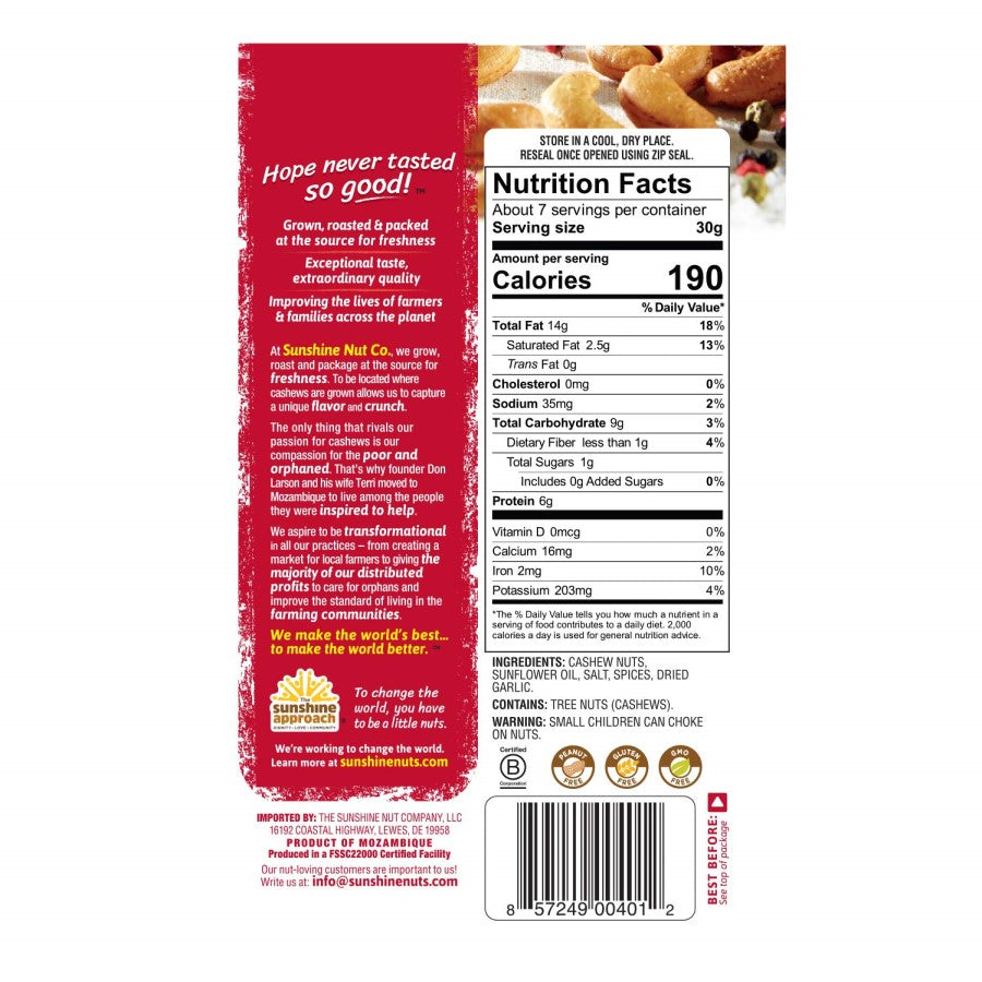 Sunshine Nut Co Whole geröstete Cashewnüsse Funken der Gewürze 198 g