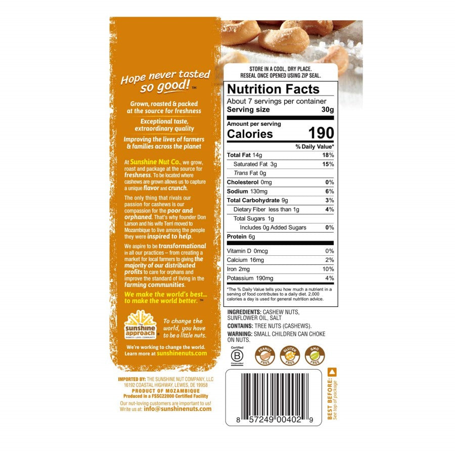 Sunshine Nut Co Whole geröstete Cashewnüsse, die Salz 198 g streuen