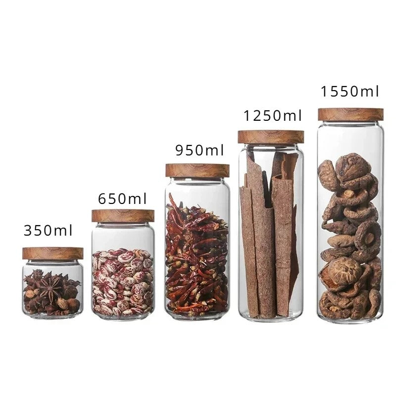 Wildnis Sammlung Acacia Wood & Glas Sealable Food Storage Jars