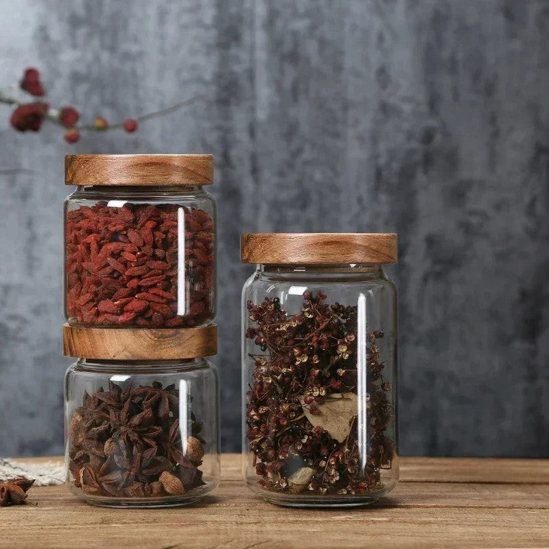 Wildnis Sammlung Acacia Wood & Glas Sealable Food Storage Jars