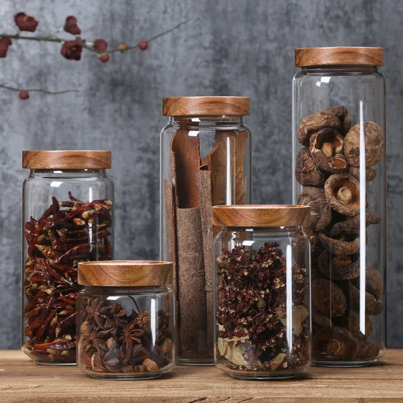 Wildnis Sammlung Acacia Wood & Glas Sealable Food Storage Jars