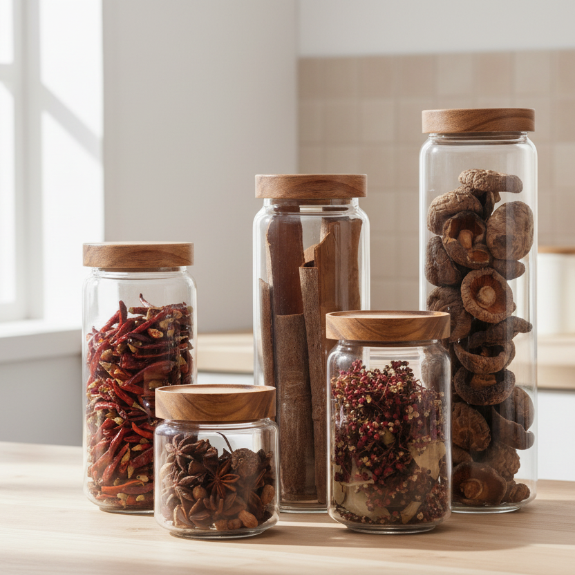 Wildnis Sammlung Acacia Wood & Glas Sealable Food Storage Jars