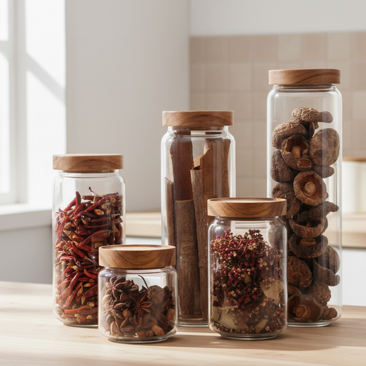 Wildnis Sammlung Acacia Wood & Glas Sealable Food Storage Jars