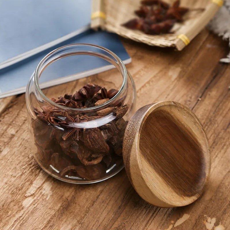 Wildnis Sammlung Acacia Wood & Glas Sealable Food Storage Jars